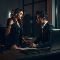 A seductive scene featuring a woman with a playful expression, dressed in a stylish office outfit, leaning against a desk in a dimly lit office environment