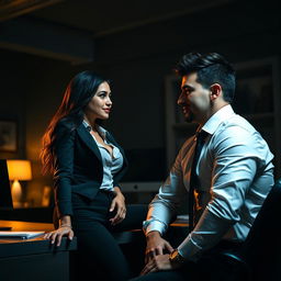 A seductive scene featuring a woman with a playful expression, dressed in a stylish office outfit, leaning against a desk in a dimly lit office environment