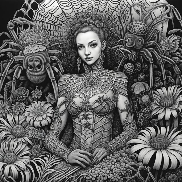 Intricate ballpoint pen drawing of an androgynous spider woman with giant spider pets in a vibrant flower garden.