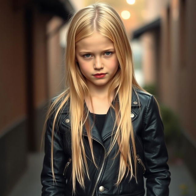 A shy blonde girl with captivating red lips, dressed in a fitted black leather jacket and stylish jeans