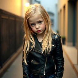 A shy blonde girl with captivating red lips, dressed in a fitted black leather jacket and stylish jeans
