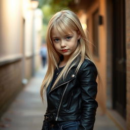 A shy blonde girl with captivating red lips, dressed in a fitted black leather jacket and stylish jeans