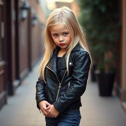 A shy blonde girl with captivating red lips, dressed in a fitted black leather jacket and stylish jeans