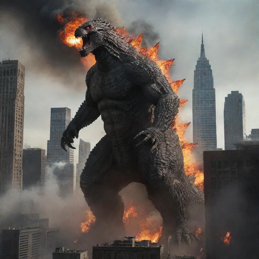 An ultra-giant Godzilla in a sprawling city like New York with very tall skyscrapers. Godzilla appears angry and menacing, spewing fire.