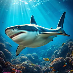 A heavily muscled and buff shark swimming majestically through a vibrant underwater scene