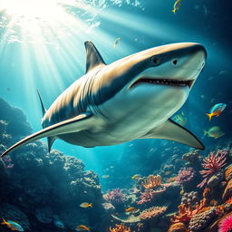 A heavily muscled and buff shark swimming majestically through a vibrant underwater scene