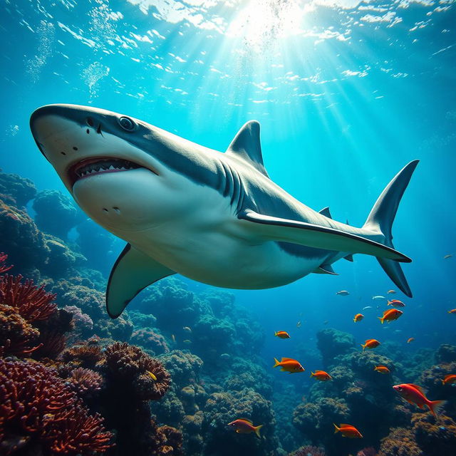 A heavily muscled and buff shark swimming majestically through a vibrant underwater scene