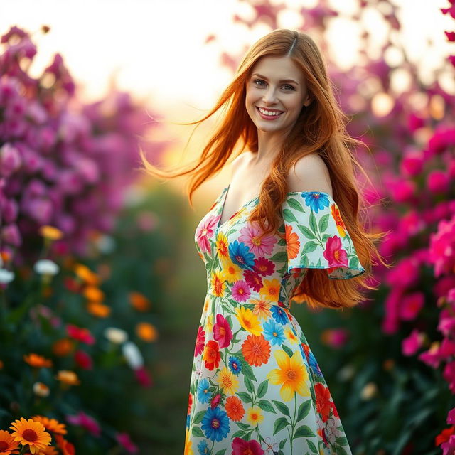 A vibrant redhead woman gracefully wearing a beautiful floral dress that features an array of colorful flowers against a soft background