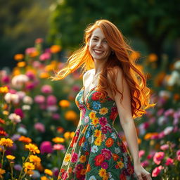 A vibrant redhead woman gracefully wearing a beautiful floral dress that features an array of colorful flowers against a soft background