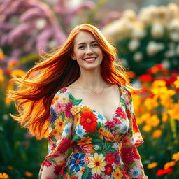 A vibrant redhead woman gracefully wearing a beautiful floral dress that features an array of colorful flowers against a soft background