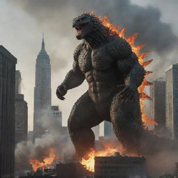 An ultra-giant Godzilla in a sprawling city like New York with very tall skyscrapers. Godzilla appears angry and menacing, spewing fire.