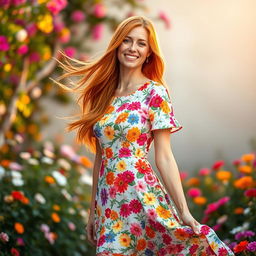 A vibrant redhead woman gracefully wearing a beautiful floral dress that features an array of colorful flowers against a soft background
