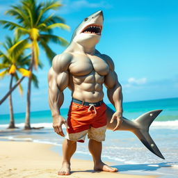 A muscular, humanoid shark creature with an impressive physique, standing confidently on a beach