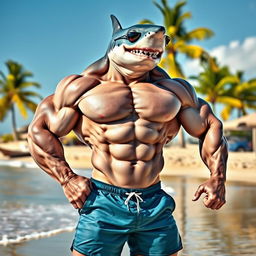 A muscular, humanoid shark creature with an impressive physique, standing confidently on a beach