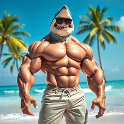 A muscular, humanoid shark creature with an impressive physique, standing confidently on a beach