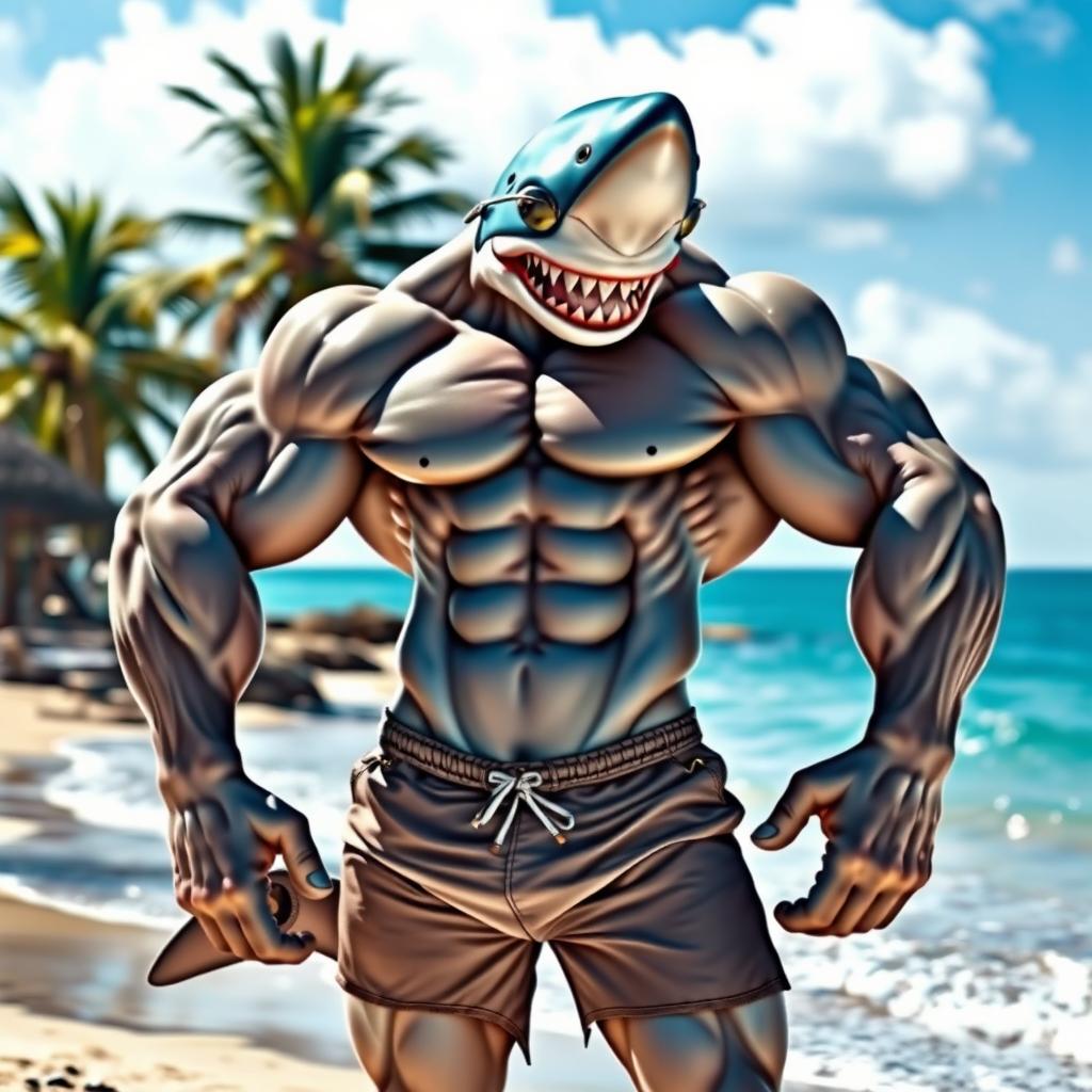 A muscular, humanoid shark creature with an impressive physique, standing confidently on a beach