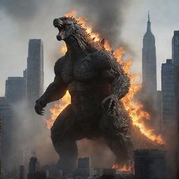 An ultra-giant Godzilla in a sprawling city like New York with very tall skyscrapers. Godzilla appears angry and menacing, spewing fire.