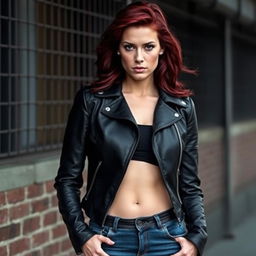 A striking woman with dark red hair wearing a sleek black leather jacket and fitted jeans