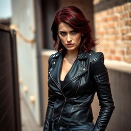 A striking woman with dark red hair wearing a sleek black leather jacket and fitted jeans