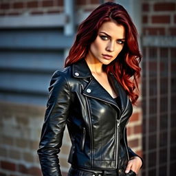 A striking woman with dark red hair wearing a sleek black leather jacket and fitted jeans
