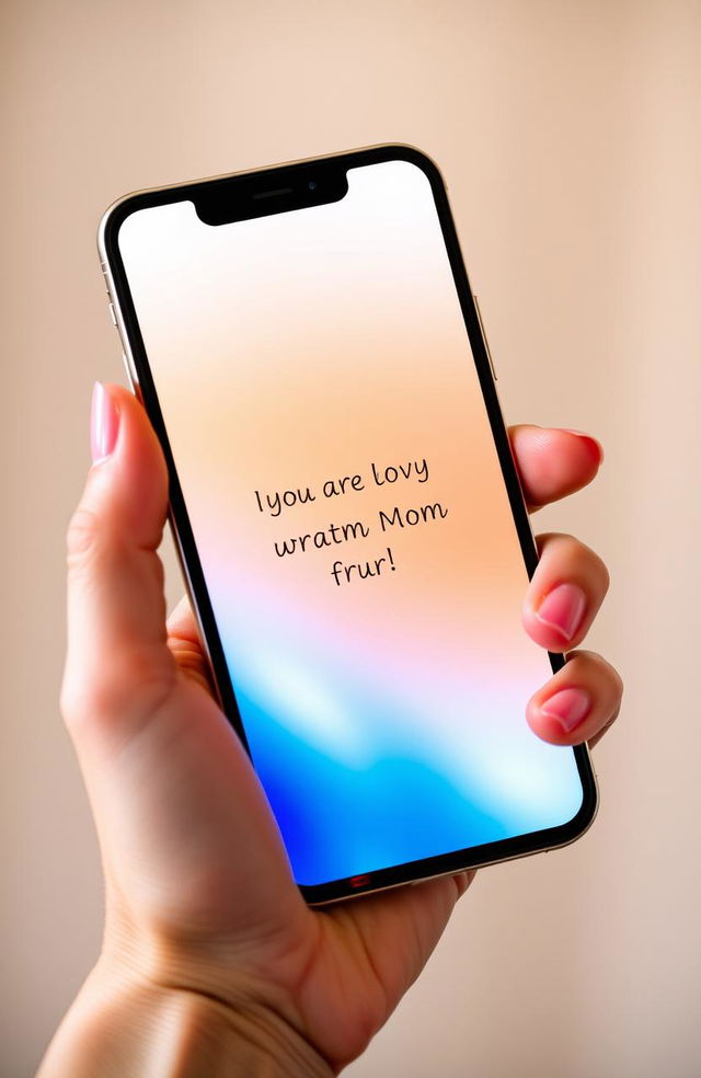 A close-up shot of a hand holding a modern smartphone with a vibrant screen displaying a heartfelt message from a mother