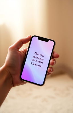 A close-up shot of a hand holding a modern smartphone with a vibrant screen displaying a heartfelt message from a mother