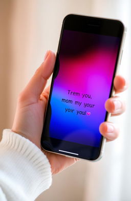 A close-up shot of a hand holding a modern smartphone with a vibrant screen displaying a heartfelt message from a mother