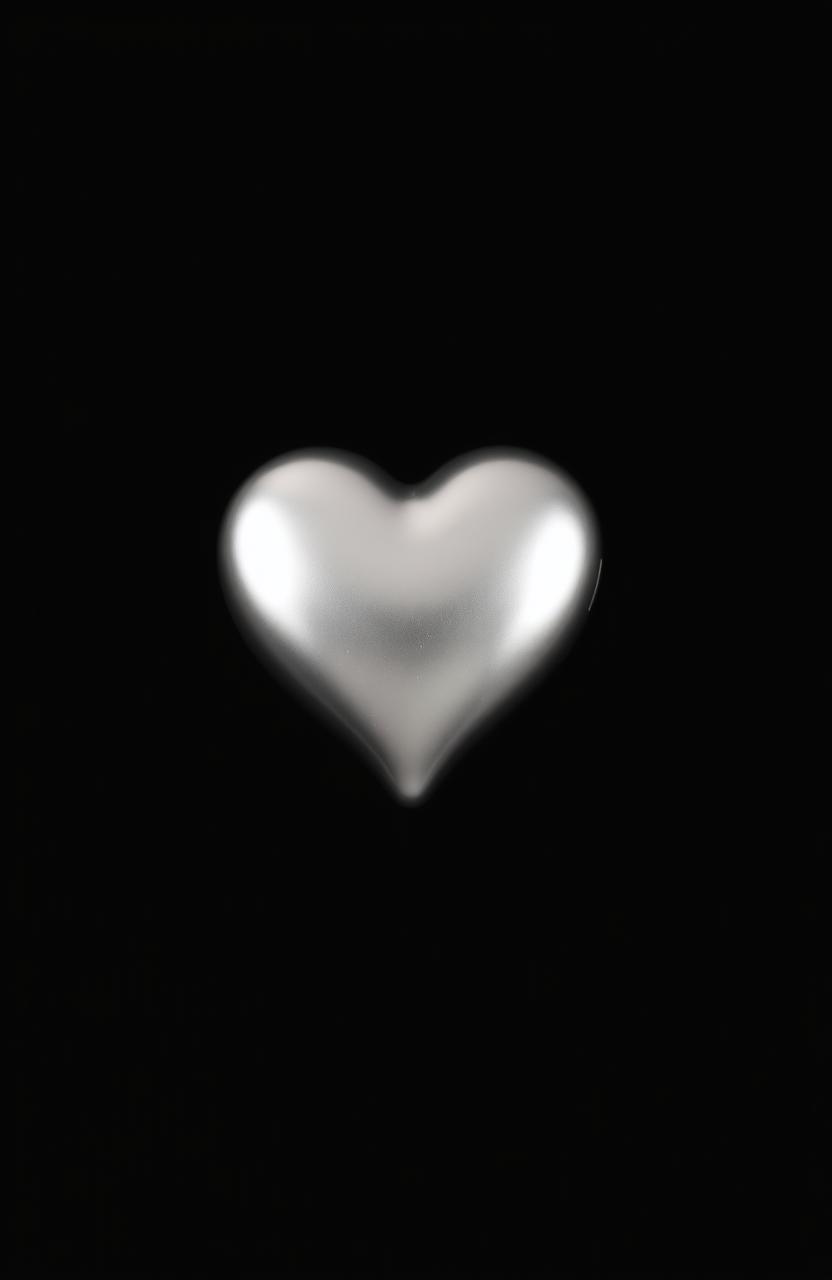 A solid black background with a shiny silver heart in the center