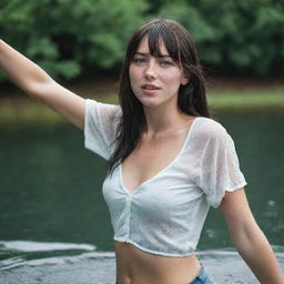 casual photograpy medium body, female, 23 year old with green eyes and black long hai with withe streaks in the bangs.,freckles, dancing in water font, hd, casual clothes, relax time, medium distance shot, 4k hd, --style raw--v 5.2 ar 2-3