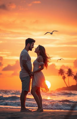 A romantic scene depicting a couple deeply in love, standing together at sunset on a picturesque beach