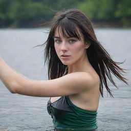 casual photograpy medium body, female, 23 year old with green eyes and black long hai with withe streaks in the bangs.,freckles, dancing in water font, hd, casual clothes, relax time, medium distance shot, 4k hd, --style raw--v 5.2 ar 2-3