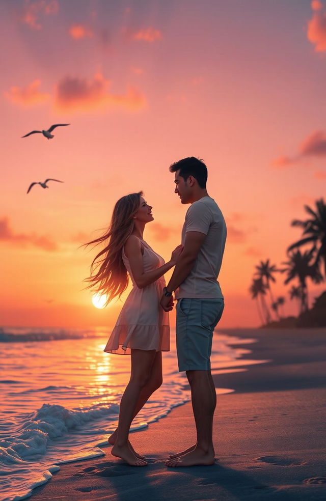 A romantic scene depicting a couple deeply in love, standing together at sunset on a picturesque beach