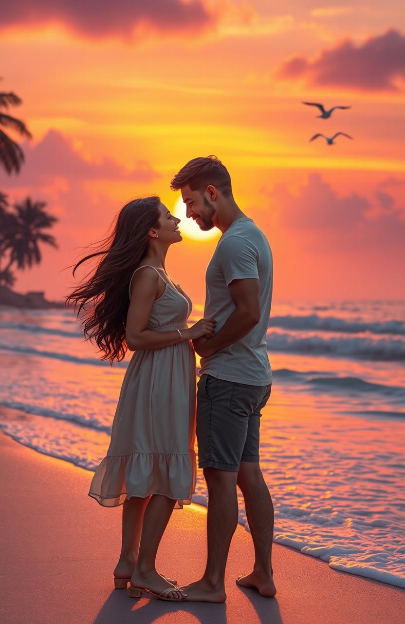 A romantic scene depicting a couple deeply in love, standing together at sunset on a picturesque beach