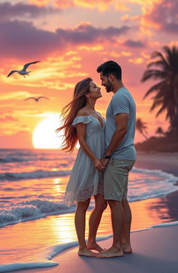 A romantic scene depicting a couple deeply in love, standing together at sunset on a picturesque beach