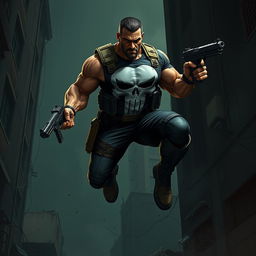 A reinterpretation of the Punisher character, depicted as a muscular and rugged anti-hero with a tactical vest, iconic skull emblem on the chest, and a menacing expression