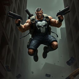 A reinterpretation of the Punisher character, depicted as a muscular and rugged anti-hero with a tactical vest, iconic skull emblem on the chest, and a menacing expression
