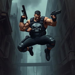 A reinterpretation of the Punisher character, depicted as a muscular and rugged anti-hero with a tactical vest, iconic skull emblem on the chest, and a menacing expression