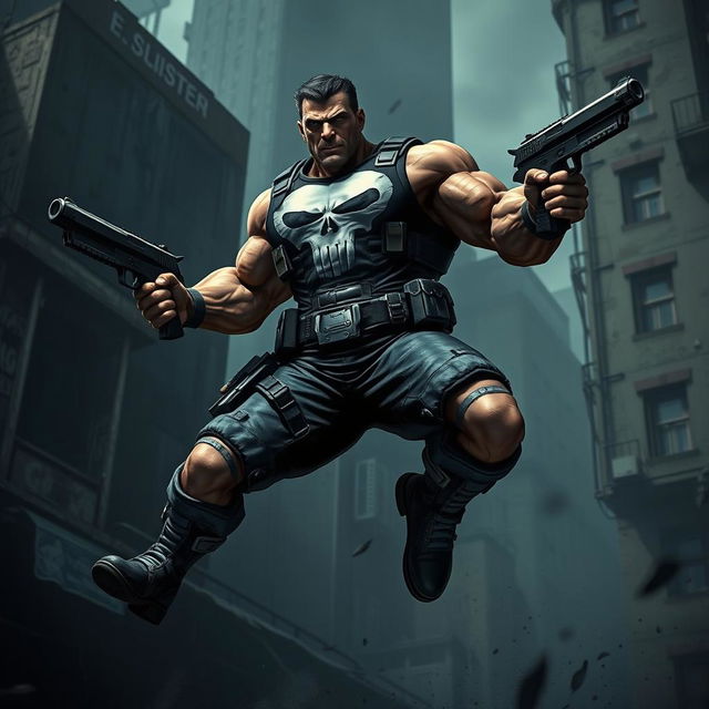 A reinterpretation of the Punisher character, depicted as a muscular and rugged anti-hero with a tactical vest, iconic skull emblem on the chest, and a menacing expression