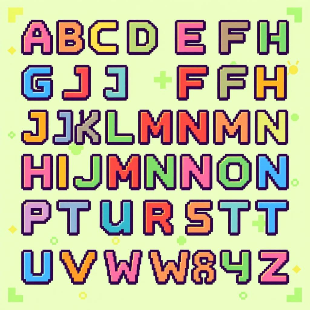 The entire alphabet in pixel art style, featuring each letter (A-Z) in a colorful, retro 8-bit design, with bold outlines and a vibrant color palette