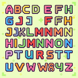 The entire alphabet in pixel art style, featuring each letter (A-Z) in a colorful, retro 8-bit design, with bold outlines and a vibrant color palette