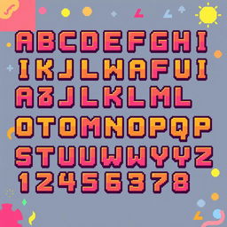 The entire alphabet in pixel art style, featuring each letter (A-Z) in a colorful, retro 8-bit design, with bold outlines and a vibrant color palette