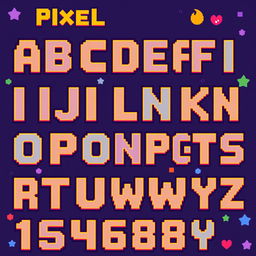The entire alphabet in pixel art style, featuring each letter (A-Z) in a colorful, retro 8-bit design, with bold outlines and a vibrant color palette