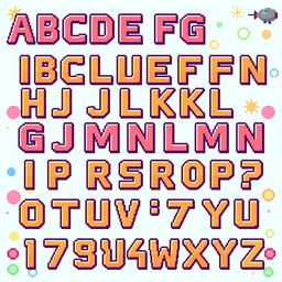 The entire alphabet in pixel art style, featuring each letter (A-Z) in a colorful, retro 8-bit design, with bold outlines and a vibrant color palette
