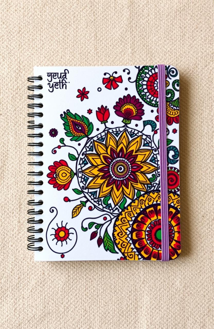 A beautifully designed notebook cover featuring traditional Madhubani art, showcasing intricate patterns and vibrant colors