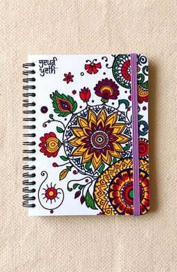 A beautifully designed notebook cover featuring traditional Madhubani art, showcasing intricate patterns and vibrant colors