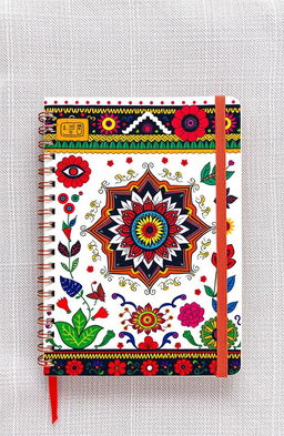 A beautifully designed notebook cover featuring traditional Madhubani art, showcasing intricate patterns and vibrant colors