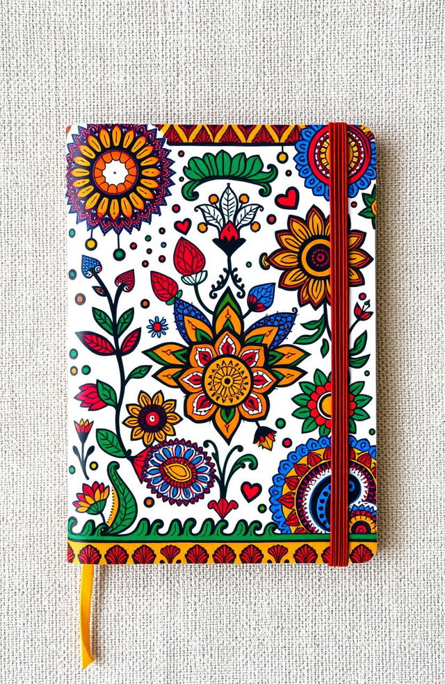 A beautifully designed notebook cover featuring traditional Madhubani art, showcasing intricate patterns and vibrant colors