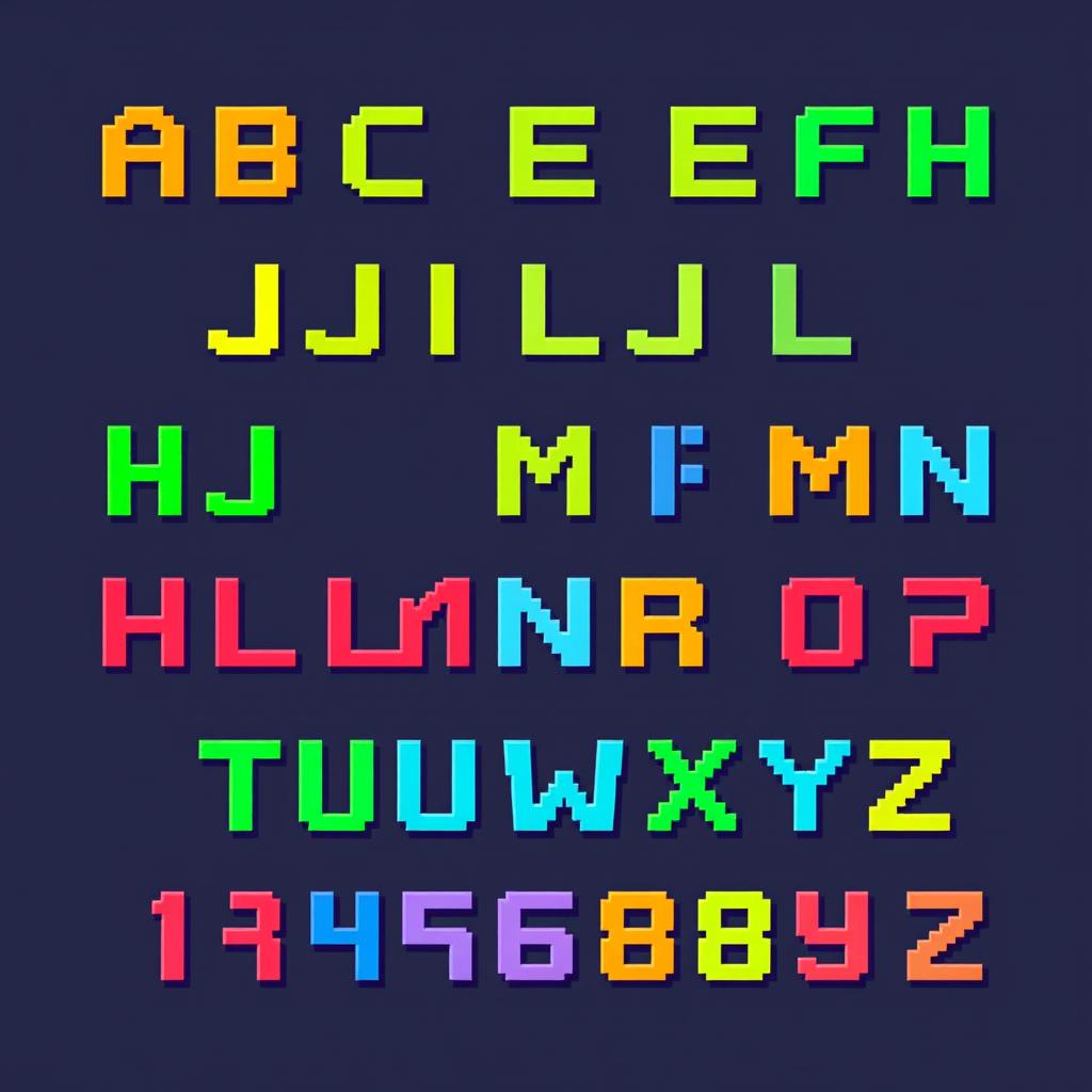 The entire alphabet in 8-bit pixel art style, featuring each letter (A-Z) in uppercase with a distinct, colorful design