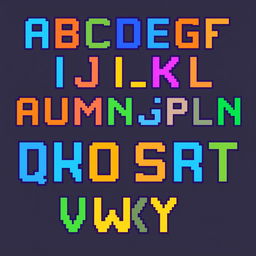 The entire alphabet in 8-bit pixel art style, featuring each letter (A-Z) in uppercase with a distinct, colorful design