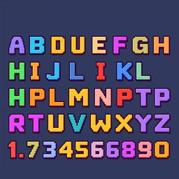 The entire alphabet in 8-bit pixel art style, featuring each letter (A-Z) in uppercase with a distinct, colorful design